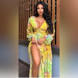 Fashion Nova Yellow, Green, pink and Purple Long Sleeve Dress